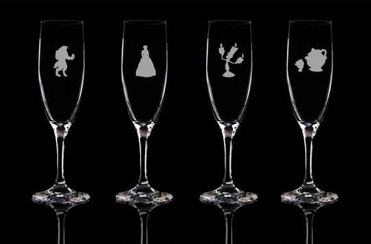 Beauty & The Beast, Belle, Lumiere, Mrs Potts, Chip Personalised Flute Champagne Glass. Hand Etched Glass Gift Bartender.15