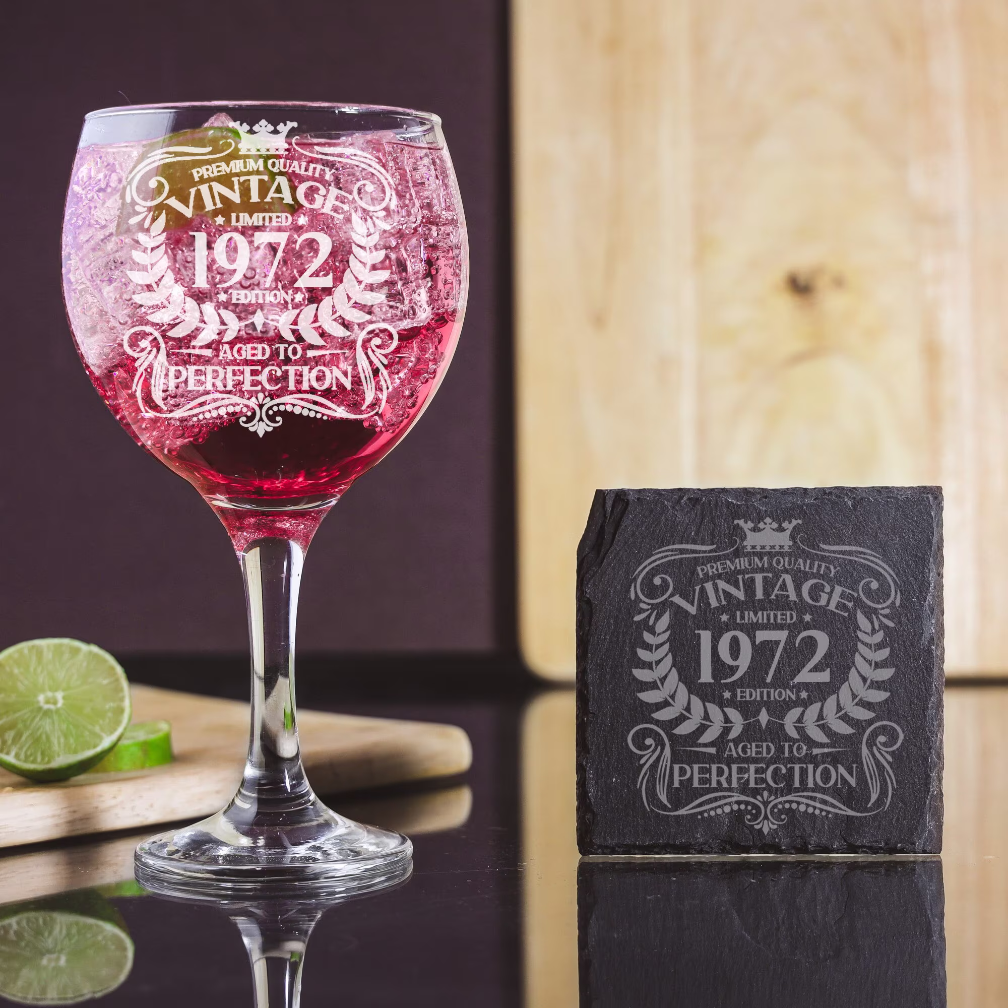 Vintage 1972 Engraved Gin Glass And/Or Coaster 50Th Birthday Gift Aged To Perfection - Lovers 50 Year Old Gifts Balloon