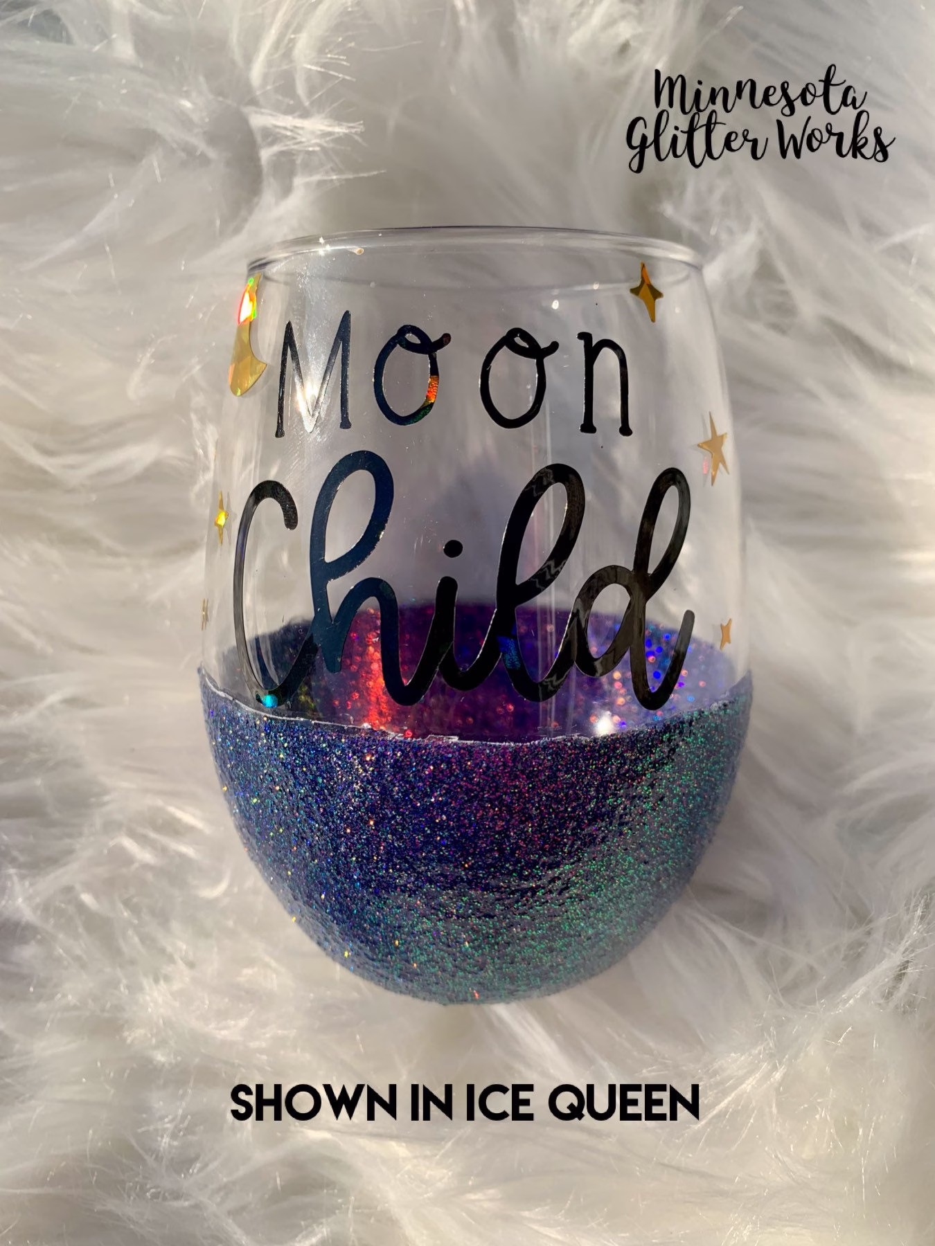 Moon Child Glitter Dipped Wine Glass