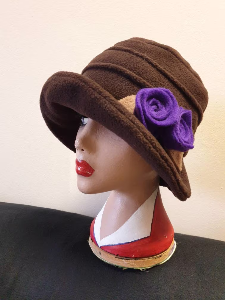 Chocolate Brown Fleece Cloche Hat With Purple Flowers-Fleece Lining-Downton Abbey Hat-Womens Hat-Ladies Winter Hat-Brown Polar