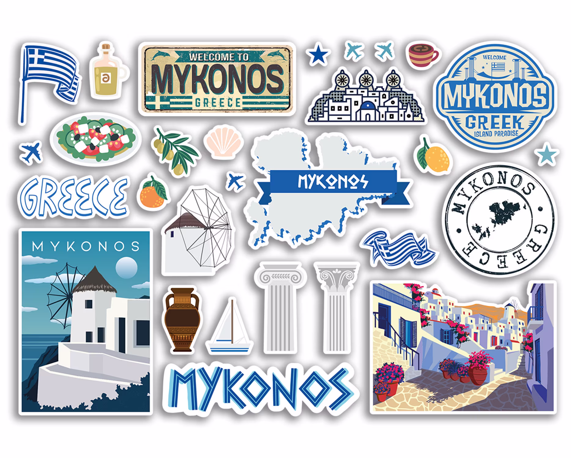 A5 Sticker Sheet Mykonos Landmarks Vinyl Stickers - Greece Greek Beach Airport Stamps Skyline Flag Travel Holiday City Trip Luggage #79101