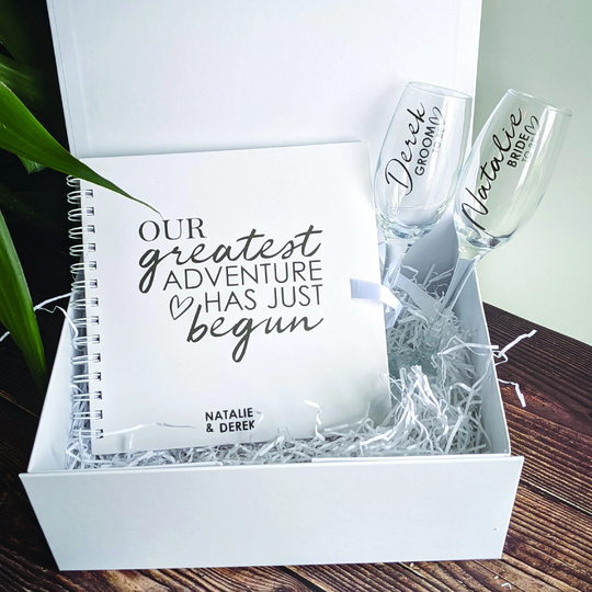 You Greatest Adventure Has Just Begun Engagement Gift Set - Gift Box/Bag, Wedding Planner, Bride & Groom To Be Champagne Glasses