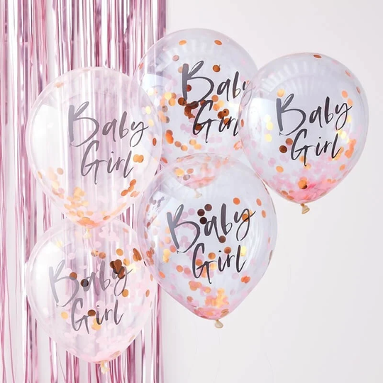 5 Rose Gold Pink Baby Girl Confetti Balloons, Shower, Party Shower Decorations, Balloons