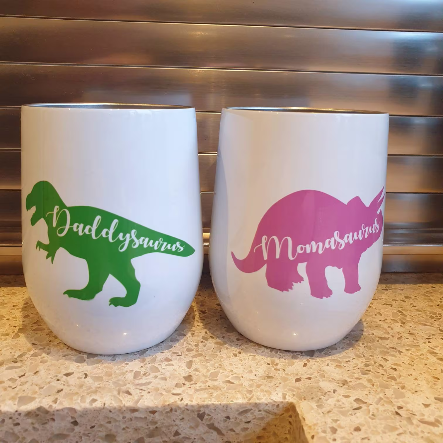 Mum, Dad Dinosaur Insulated 12Oz Travel Mug, Coffee Stemless Wine Tumbler. Hot & Cold Drinks