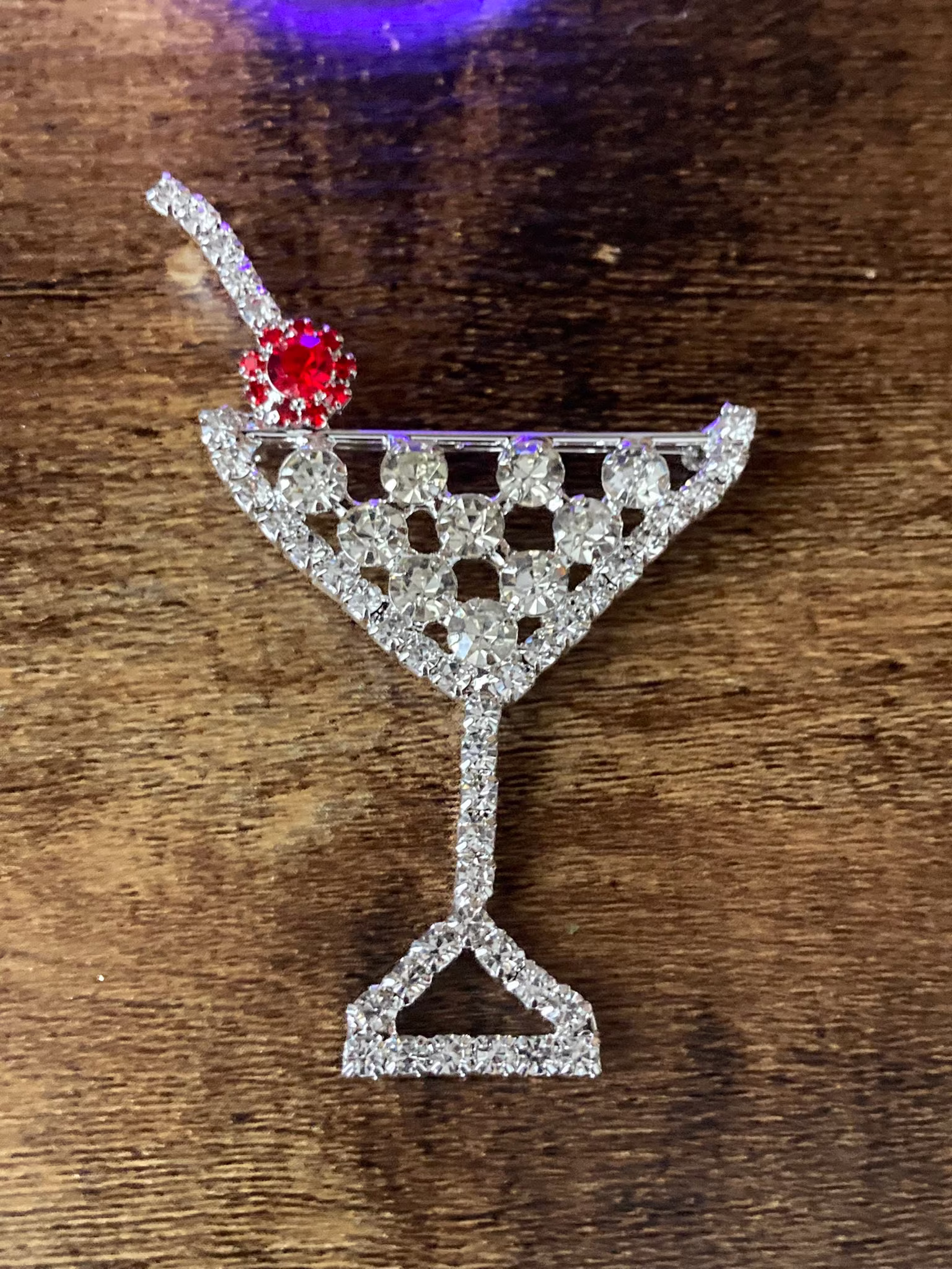 Novelty Champagne Glass Cocktail & Cherry Brooch