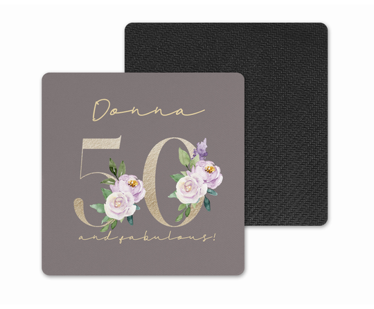 Personalised Coaster.. Wooden Drinks 50Th Birthday Keepsake Gift.. 50 & Fabulous... Gold & Purple Floral