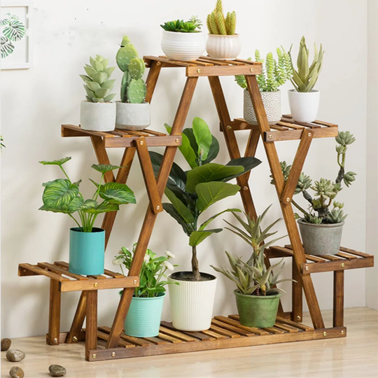 Multi-tier Plant Display Stand, Solid Pine Wood Plant Shelf With Wheels For Balcony Garden Patio Living Room