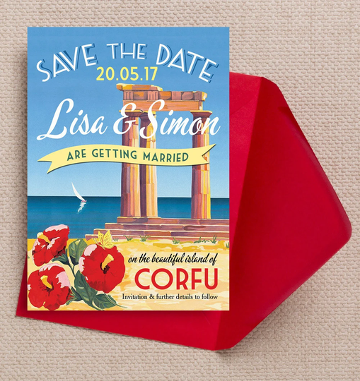Greek Coast Islands Vintage Destination Postcard Wedding Save The Date Cards & Envelopes