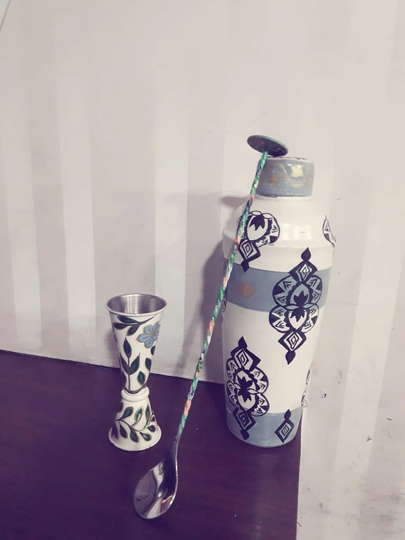 Antique Hand Painted 3Pc Bar Set, Cocktail Shaker, Peg Measure, Spoon Inspired By 1930's Old Designer Art Work