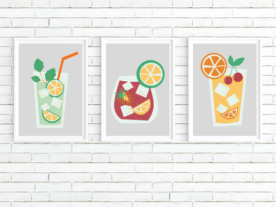 Cocktails Prints | Set Of Three Two Modern Kitchen Cafe Art Bar Mojito Cocktail Glass Grey Background