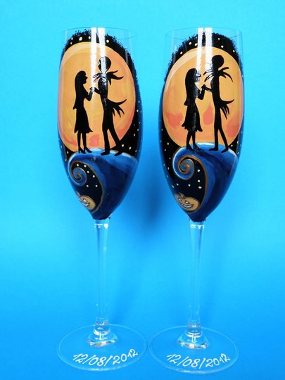 Hand Painted Wedding Toasting Flutes Set Of 2 Personalized Champagne Glasses Jack & Sally Yellow Moon