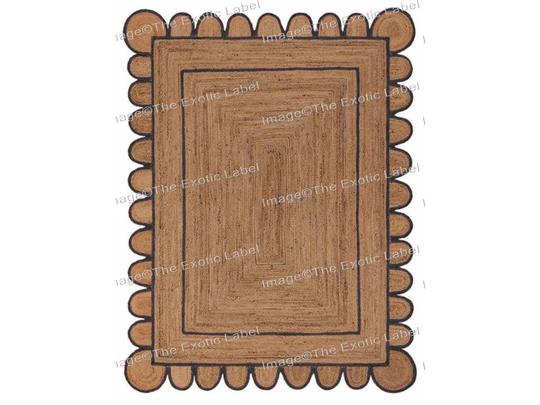 Black Trim Scalloped Jute Rug, Scallop Pattern Natural Hand Braided Area Handwoven Custom Decorative Rug