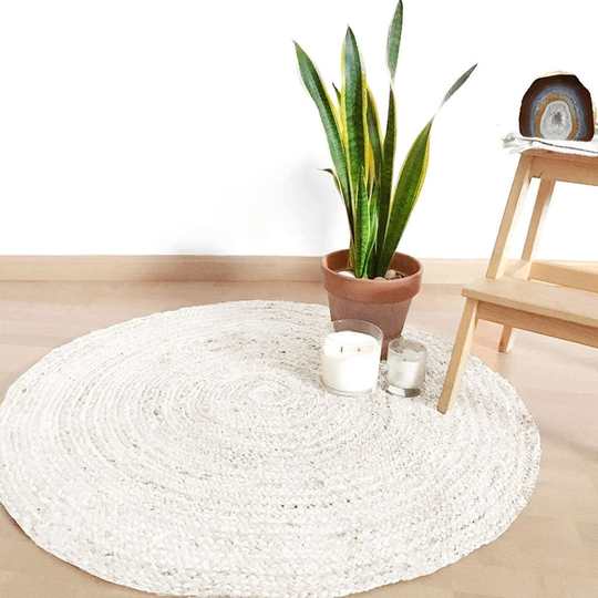 Hand-Braided White Round Jute Rug | 90cm Jute/White Round Rug, Bohemian/Boho Circular 90 cm in Diameter