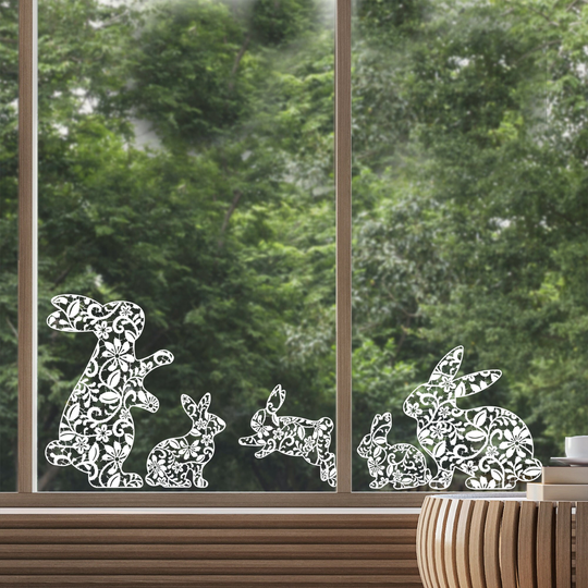 5x Bunny Window Stickers | Non Sticky Spring Easter Cling White Clear Lace Rabbit Decals By Dizzy Duck