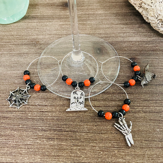 Scary Halloween Themed Wine Glass Charm Drink Tags, Graveyard Charms, Party Gift