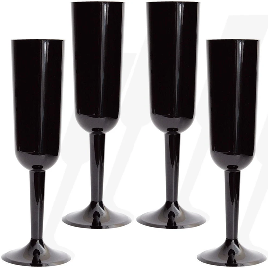 4 Black Plastic Champagne Flutes, Glasses, Toasting Wedding Champagne, Hen Party, Engagement, Anniversary, Halloween Party