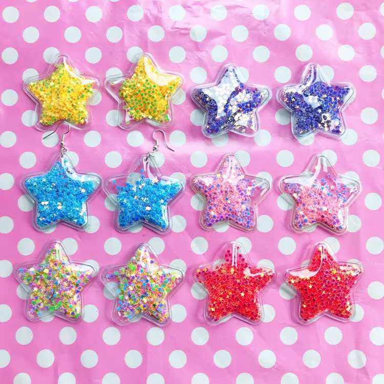 Pretty Star Confetti Earrings in Red Blue Pink Purple Yellow & Rainbow Hook Stud Or Clip On