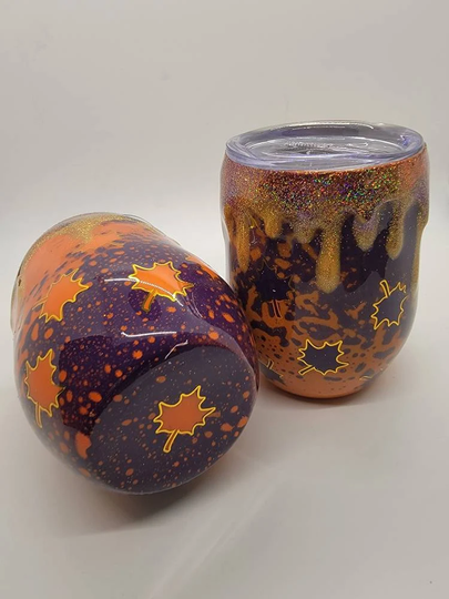 Fall Leaves Tumbler, Fall Wine Glass, Autumn Cup, Orange Purple Drip Tumbler