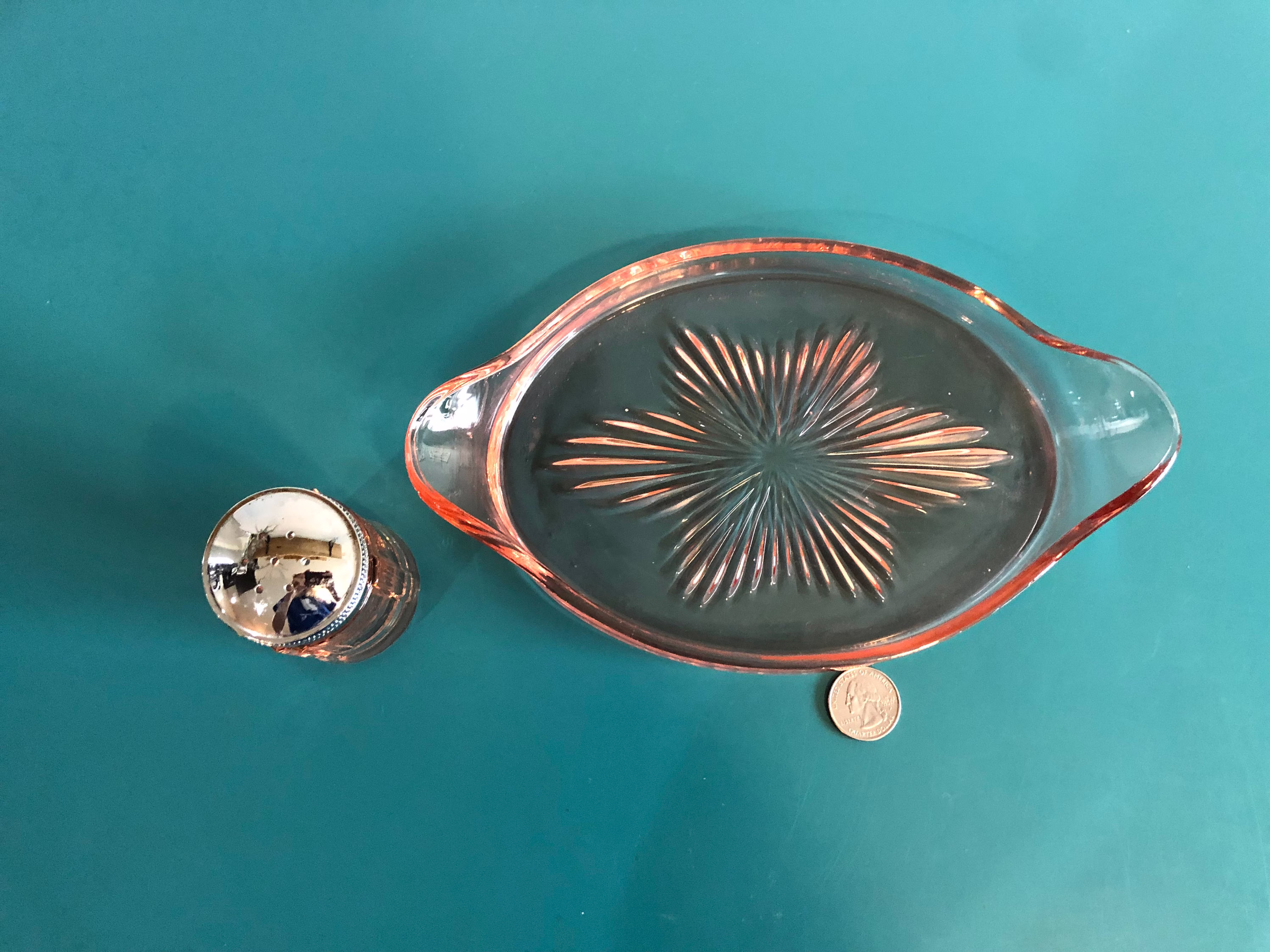 Pink Glass Starburst Dish & Salt Or Pepper Shaker