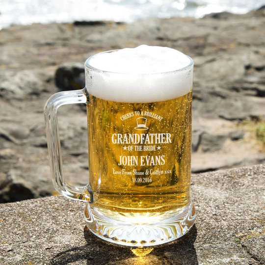 Grandfather Of The Bride Gift Idea. Customised Laser Engraved Glass Pint Beer Tankard. Design Shows Name, Date, Personal Message