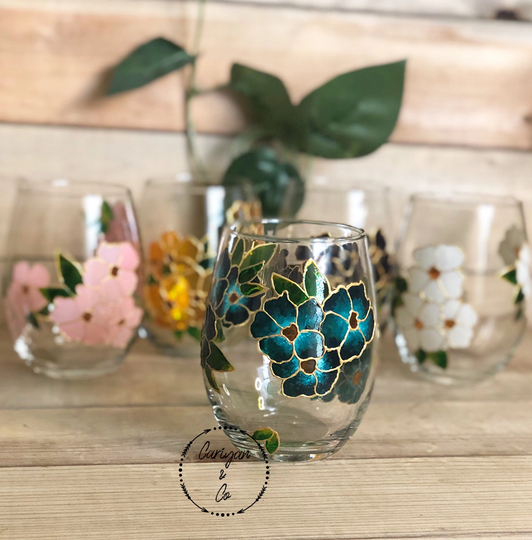 Floral Flower Wine Glasses | Chic Spring Summer Stemless Glass Housewarming Gift Hand Painted Water