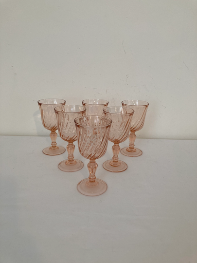 Beautiful Set Of 6 French Vintage Pink Rosaline Swirl Small Wine/Sherry Port Glasses Arcoroc Luminarc 1970's France