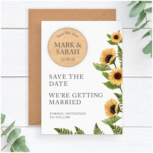 Sunflower Save The Dates - Personalised Rustic Wooden Date Fridge Magnet Yellow Spring Summer Wedding