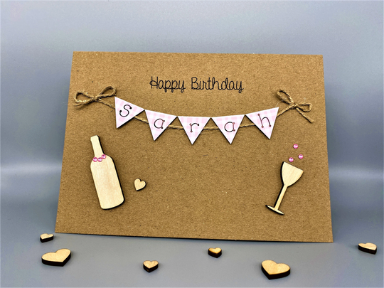 Personalised 5 X 7 Inch Birthday Card - Bunting Brown Kraft With Matching Envelope Wine Bottle & Glass