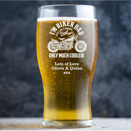 Personalised Pint Glasses, Custom Beer Glass, Engraved Gift, Biker Dad, Father's Day Gift