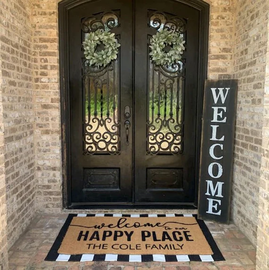 Welcome To Our Happy Place Personalized Name Doormat, Coir Door Mat, Engagement Wedding Gift, Realtor Client Anniversary