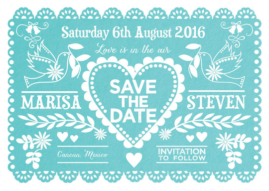 Turquoise Papel Picado Mexican Bunting Wedding Save The Date Cards