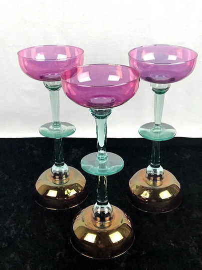 Stunning Pink With Blue Stem Margarita Glasses, Set Of 6