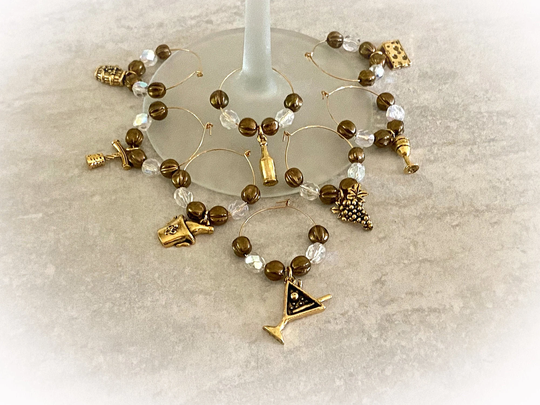 Eight Wine-Themed Wine Charms in Antiqued Gold