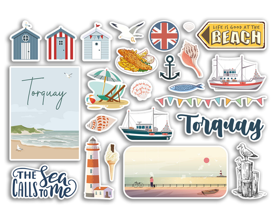 A5 Sticker Sheet Torquay Vinyl Stickers - Beach Seaside British England Coast Ocean Sea Boat Flag Travel Holiday Scrapbook Aesthetic #79079