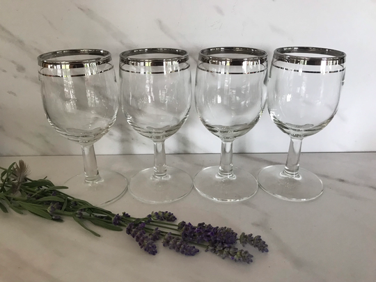 Mcm Vintage Port, Aperitif, Cordial Or Liqueur Glasses. Silver Rimed Stem Set Of 4 1950/1960's