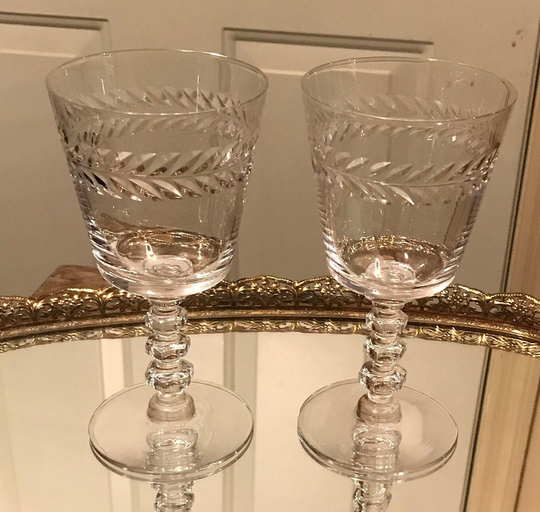 Elegant Vintage Cambridge Wine Glasses Laurel Wreath Cut Glass Crysal Barware | 2Wreath Etched Mid Century Bar Whiskey