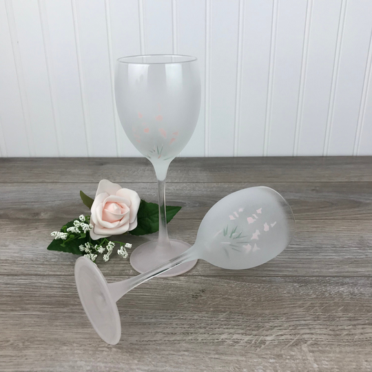 Pair Of Vintage 1980's Frosted Glass Wine Glasses, Luminarc France, Pink Floral Pattern, 2 Piece Set, French Stemware, Retro Drinkware, Gift