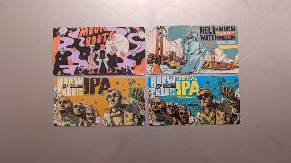 Beer Magnetism 21st Amendment Brewery Brew Free Or Die Ipa India Pale Ale, Hell Or High Watermelon Wheat, Moon Boots, Tropical Craft Magnet