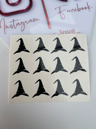 Set Of 12 Scary Witches Hat Self Adhesive Vinyl Sticker Decals. Halloween, Envelope Stickers. Water Bottle, Tumbler, Glass, Window, Party