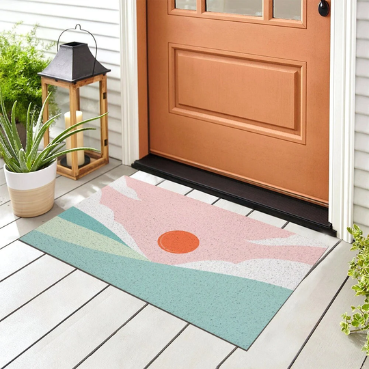 Pink Blue Mountain Sunrise Entrance Door Mat, Simple Design Doormat, Anti Skid PVC Coil Mats, Mat For Home, Washable Entryway