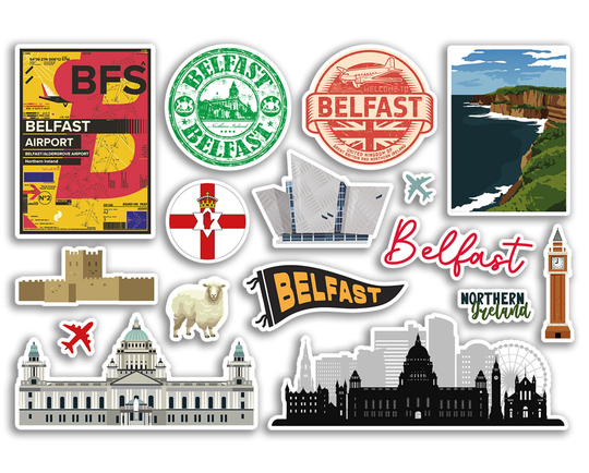 A5 Sticker Sheet Belfast Landmarks Vinyl Stickers - Northern Ireland City Map Airport Stamps Skyline Flag Travel Holiday Scrapbook #79132
