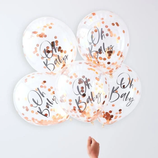 5 Rose Gold Confetti Oh Baby Balloons, Shower, Shower Decor, New Party Balloon, Gender Reveal, Neutral