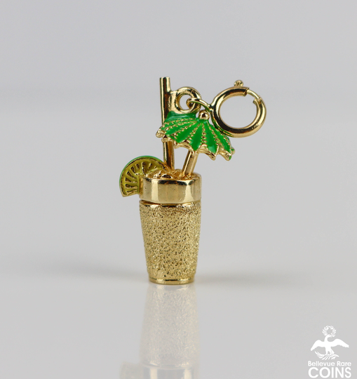 14K Yellow Gold | 585 Cocktail Glass W/3D Enamel Umbrella & Lime Charm