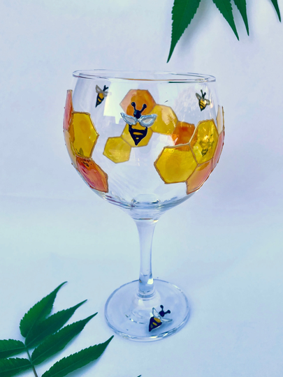 Bee & Honeycomb Gin Glass -Hand Painted