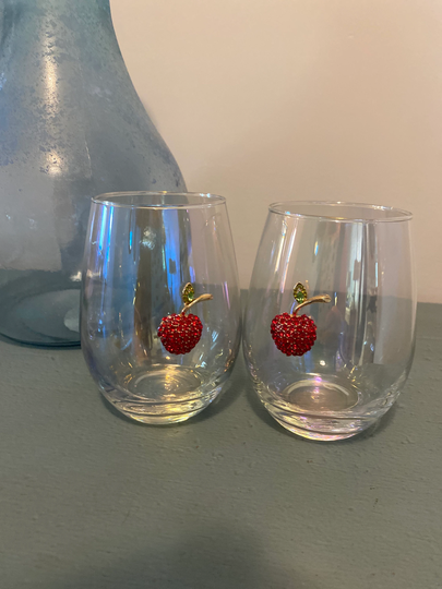 Set Of 2 Stemless Apple Wine Glasses, Cherry Iridescent Glass Tumblers, Fruit Theme Decor, Rhinestone Fruit Gif Idea, Pretty Gift