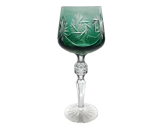 Vintage Emerald Green Wine Glass Goblet Hock Cut-To-Clear 24% Lead Crystal Pinwheel Veb Glaswerk Döbern Doebern Brandenburg Germany 1980S