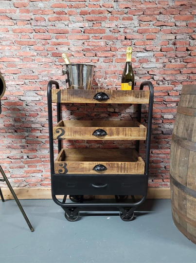 Industrial Wine Bar Drinks Trolley Retro Cabinet Kitchen Storage Shelving Display 7728