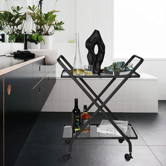 Wine Cart Coffee Bar Cart With Glass Shelves Double Handle Design, Lockable Wheels, Premium Metal Frame For Home Kitchen Dining Room & Outdoor, 2 Tier