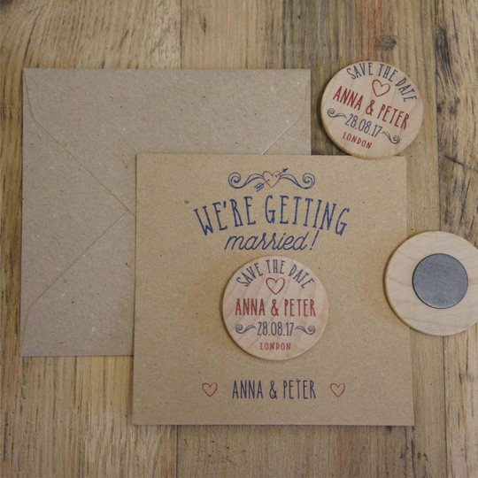 30+ Wooden Round Fridge Magnets - Save The Dates Heart Design With Optional Personalised Backing Card & Envelope, Wedding Tokens