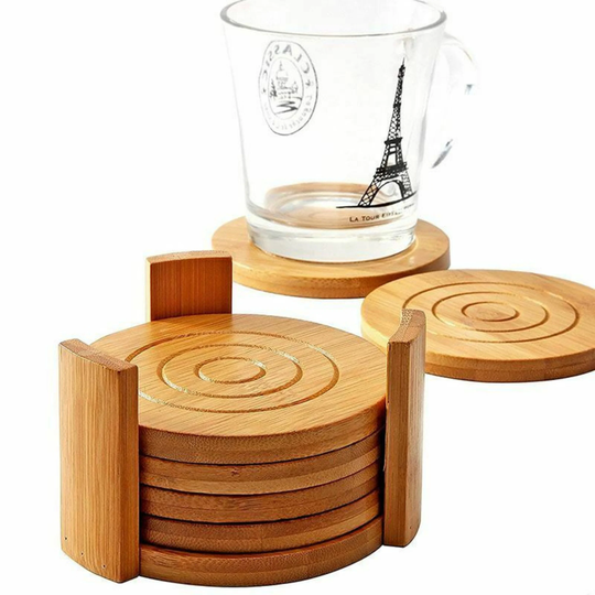 Natural Wooden Bamboo Coaster Set 6Pcs With Holder Tea Coffee Home Dining Table